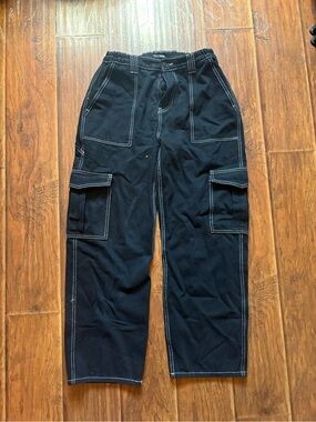 Fashion Nova Black Cargo Pants with White Contrast Stitching